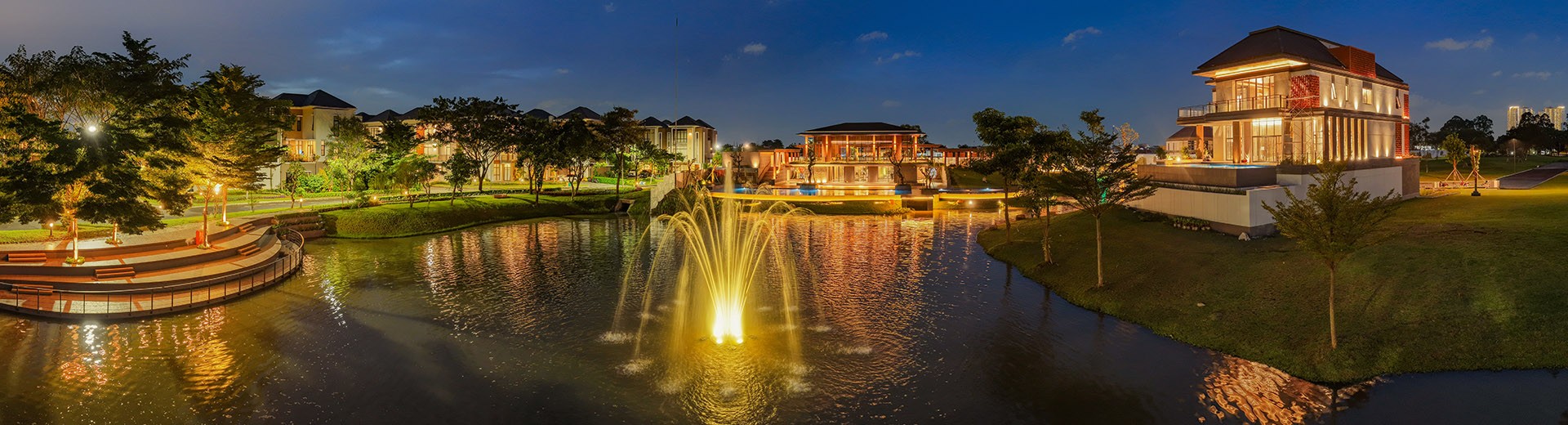 Soultan Island lake and clubhouse illuminated at night
